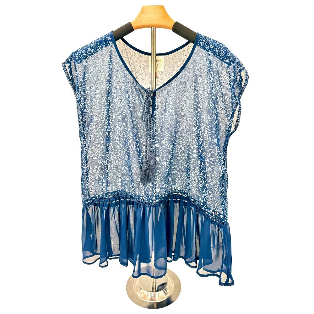 Knox Rose Blue‎ Lace Peplum Top Tassel Split V-Neck Sleeveless Blouse Boho